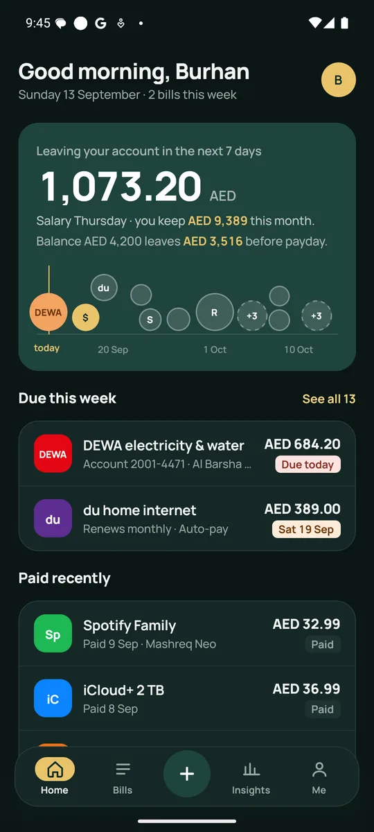 Dues home screen in dark mode