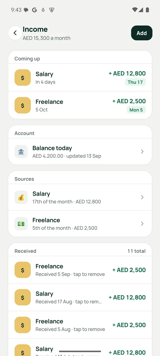 Income screen with account balance, salary and other income sources