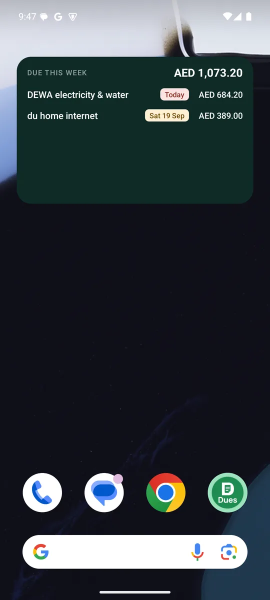 Android home screen with the Dues widget showing this week's bills