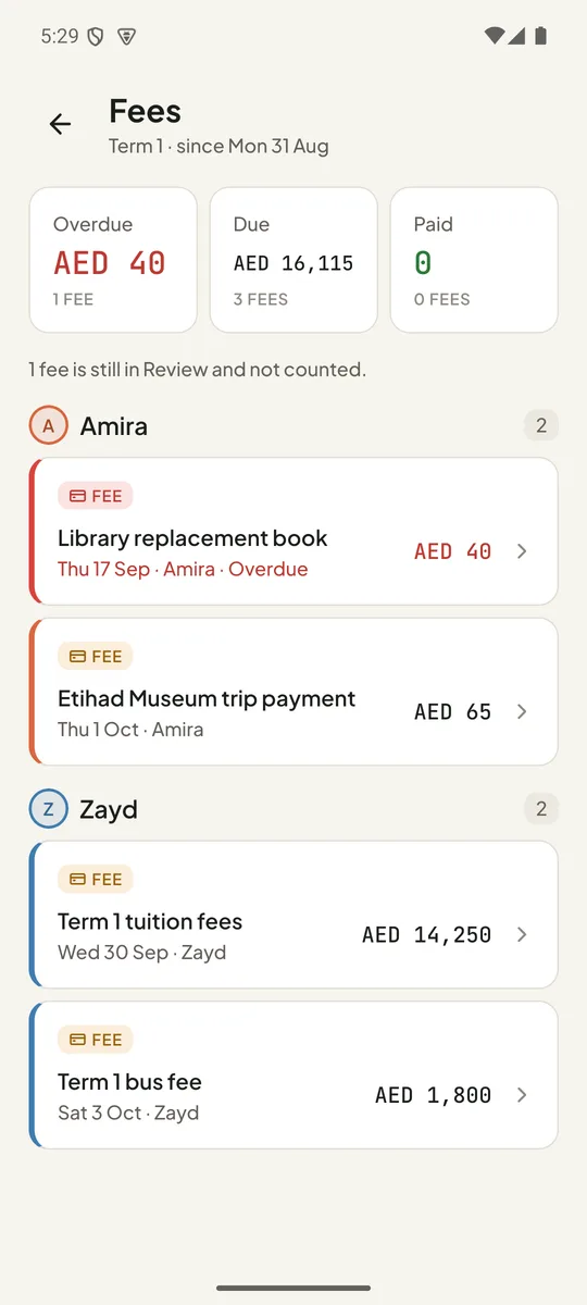 Fees screen with overdue, due and paid tiles and per-child lists