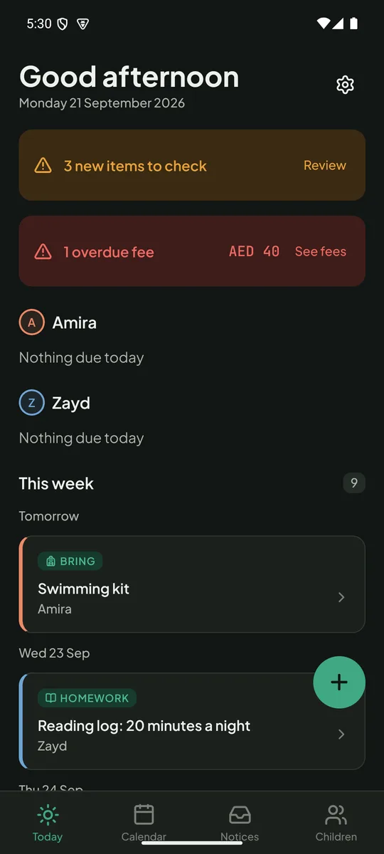 Today screen in dark mode