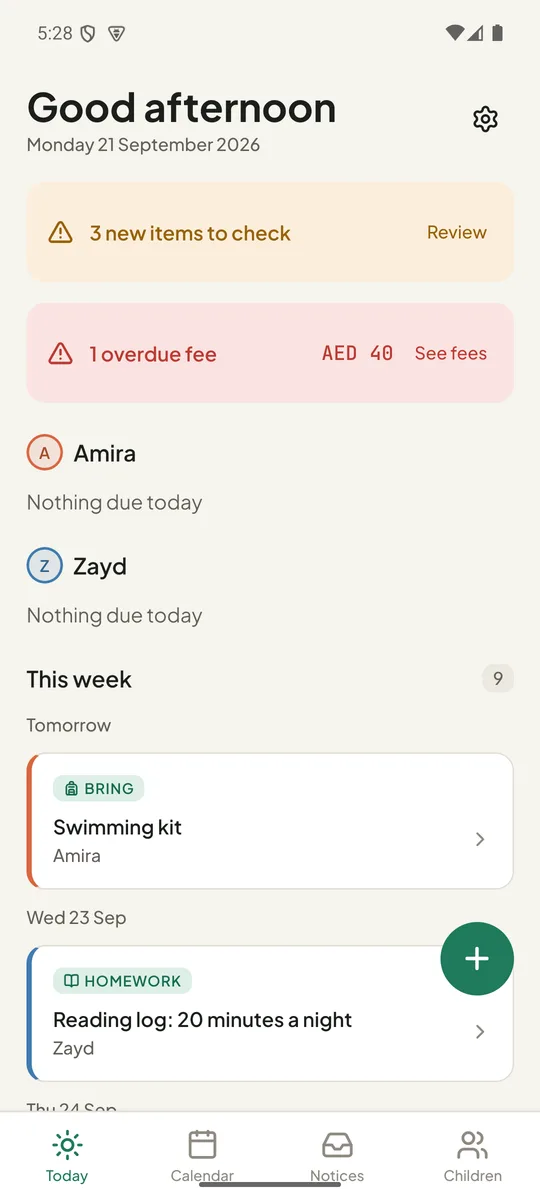Today screen with a review banner, an overdue fee banner, and this week's events per child