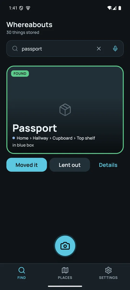 Find screen in dark mode with a found card