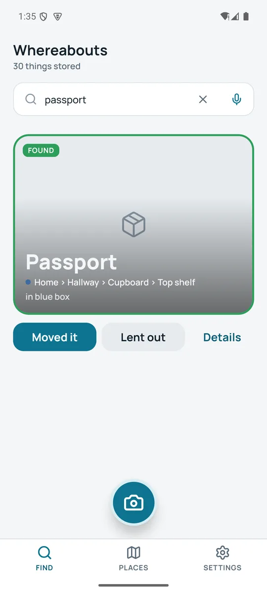 Find screen showing a found card for Passport with its full path