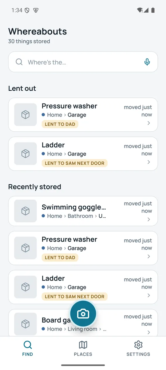 Find screen with lent-out and recently stored items