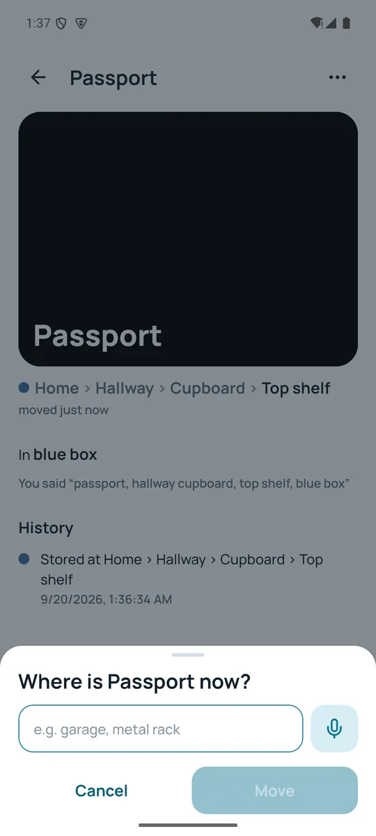 Item screen with the “Where is Passport now?” sheet open
