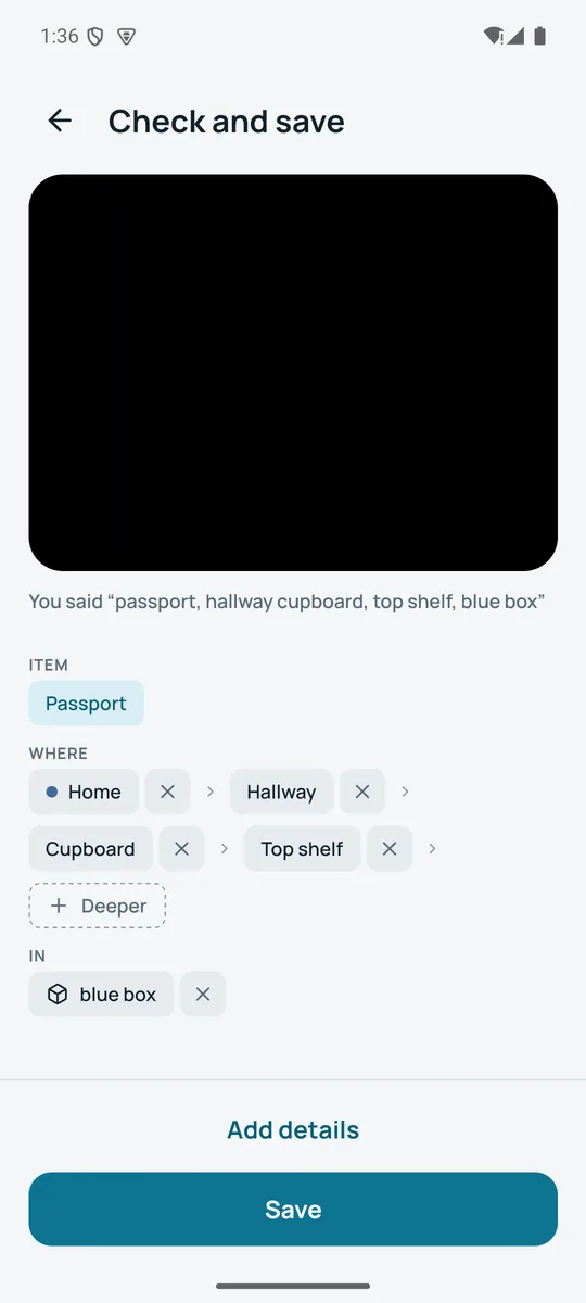 Check and save screen with the item, place path and container as chips